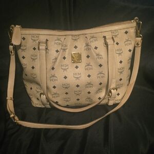 MCM Beige Monogram Canvas Shoulder Bag with Gold Plaque